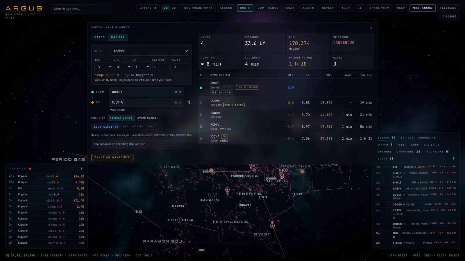 ARGUS capital jump planner: jump legs with light years, fuel and fatigue over the EVE Online map