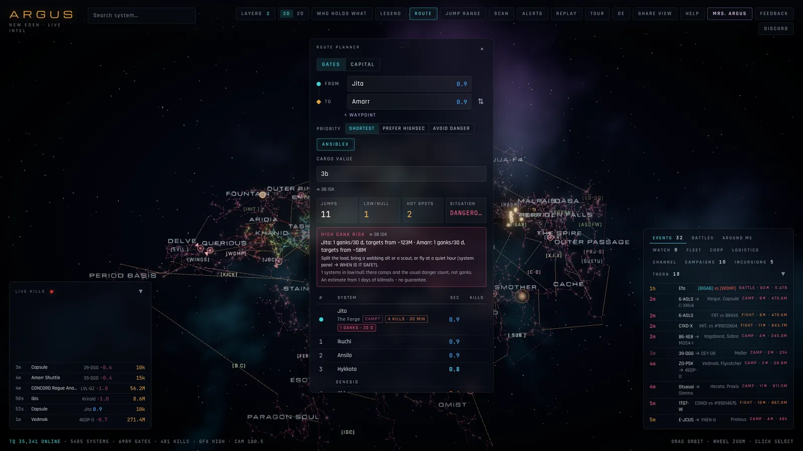 ARGUS route planner: an amber route across the EVE Online map with danger badges per system